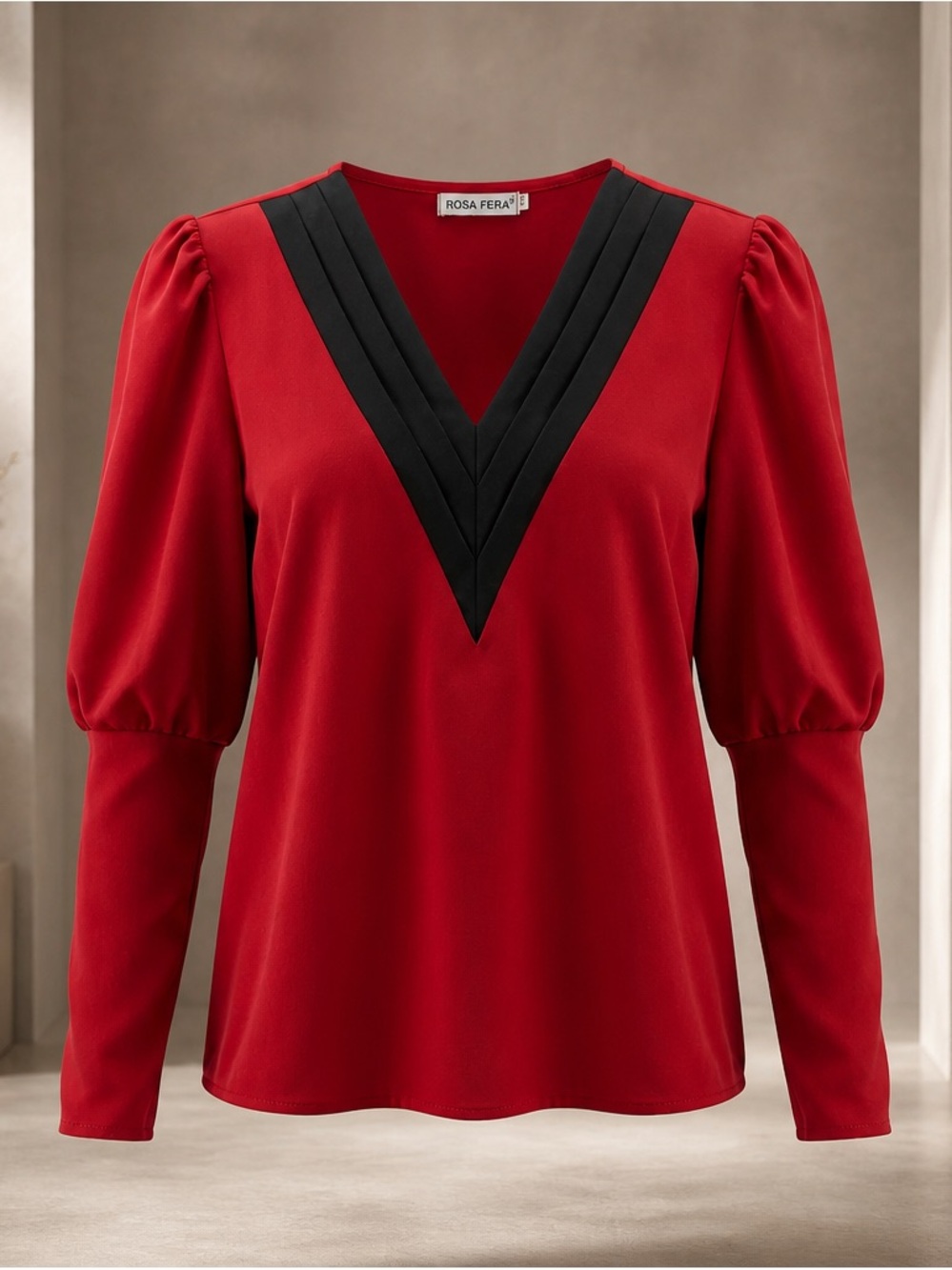 Red V-Neck Puff Sleeve Blouse with Black Trim